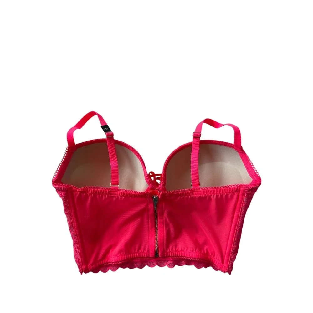 Victoria's Secret Hot Pink Lace Corset Bustier Top 34D Underwire Zip Back